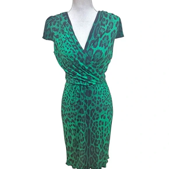 Dolce & Gabbana Italy emerald green v neck Leopard Print Dress stretchy sz EU42 - Picture 2 of 11